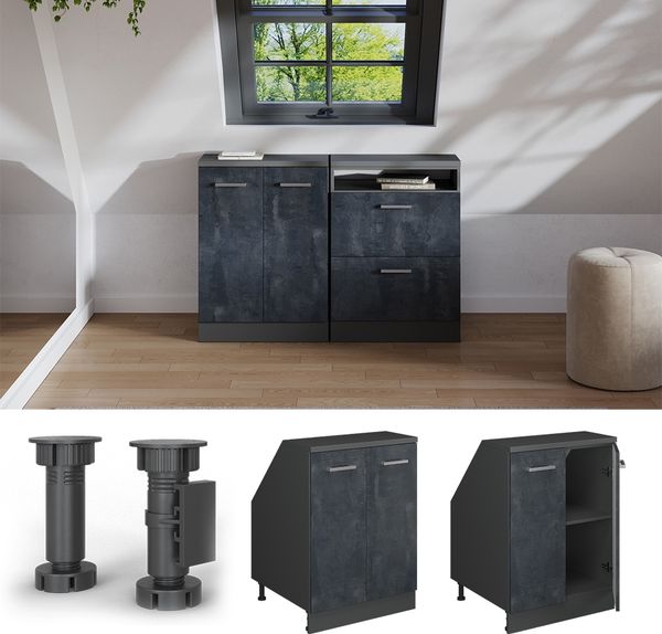 Dachschrägenschrank Rion Schwarz Beton 60 x 81.6 cm mit 2 Türen, Schrankkorpus 60 cm Tiefe Vicco Bild 5