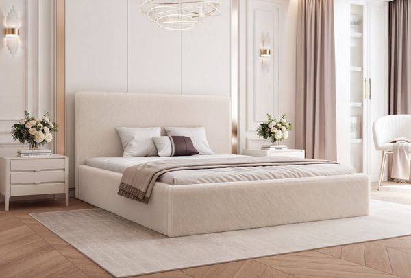 Goldstoff Polsterbett Modernes Bett "LUMINA" mit großem Stauraum und gepolstertem Rahmen (120–200x200 cm, Kopfteilhöhe 70/110 cm), Elegantes Stauraumbett mit gepolstertem Kopfteil und Holzrahmen