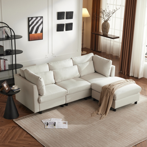 Sofa 3–4-Sitzer mit Chaiselongue, verstellbaren Lendenkissen & Fußstütze,Baumwoll-Leinen-Multifunktionssofa Wohnzimmer,Beige