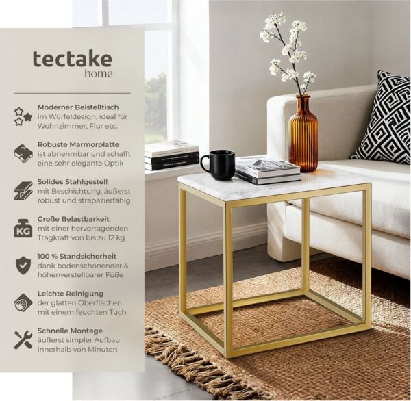 tectake Beistelltisch Couchtisch in Marmoroptik, 45 x 45 x 47,5 cm, Belastbarkeit 12 kg (Wohnzimmertisch Alysia, 1-St, 1 tlg), Moderner, quadratischer Beistelltisch in minimalistischem Stil