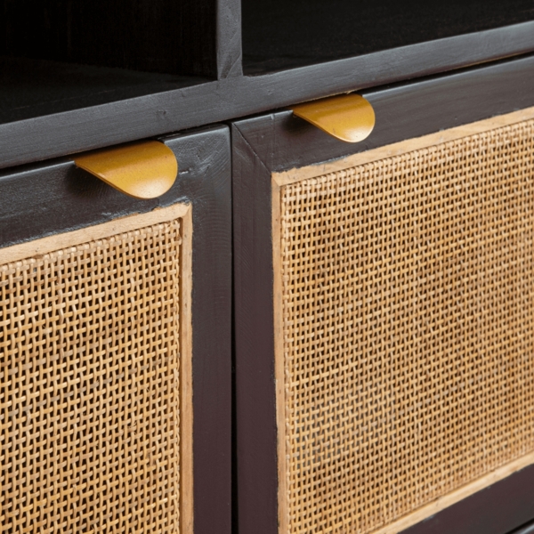 Signature 'CALVI' TV-Schrank Schwarzkiefernholz und natürlichem Rohrgeflecht - L160 cm - Schwarz Bild 7