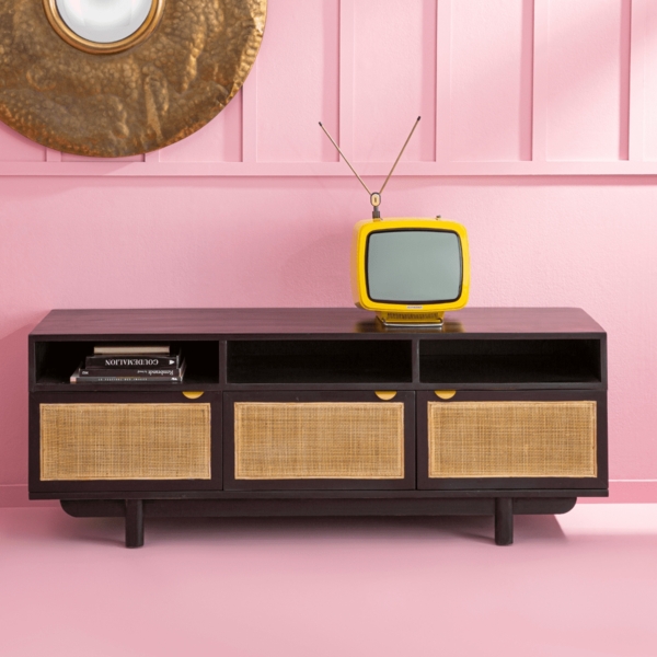 Signature 'CALVI' TV-Schrank Schwarzkiefernholz und natürlichem Rohrgeflecht - L160 cm - Schwarz Bild 2