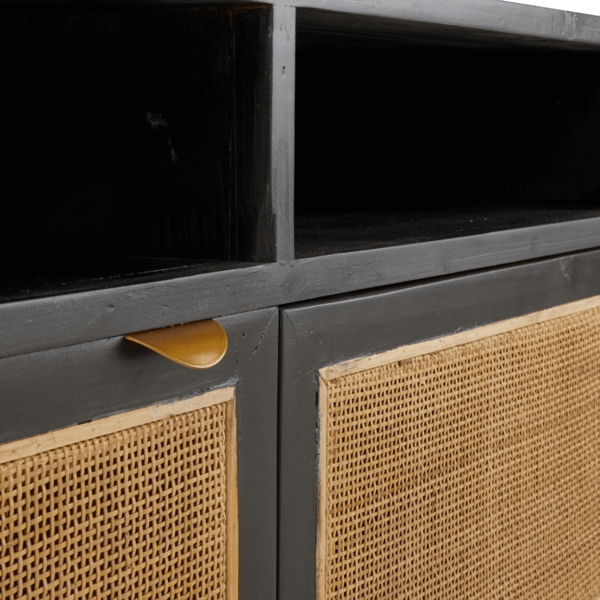 Signature 'CALVI' TV-Schrank Schwarzkiefernholz und natürlichem Rohrgeflecht - L160 cm - Schwarz Bild 9