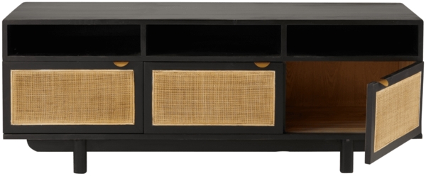 Signature 'CALVI' TV-Schrank Schwarzkiefernholz und natürlichem Rohrgeflecht - L160 cm - Schwarz Bild 6