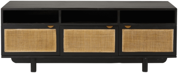 Signature 'CALVI' TV-Schrank Schwarzkiefernholz und natürlichem Rohrgeflecht - L160 cm - Schwarz Bild 1