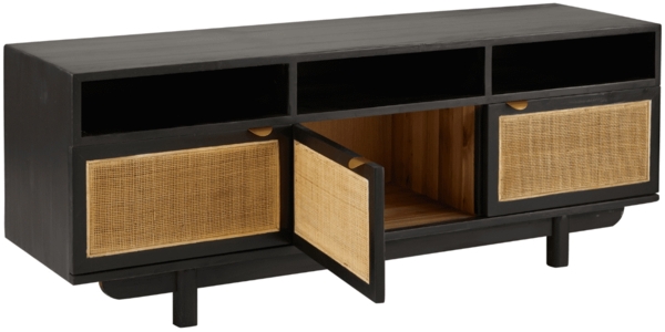 Signature 'CALVI' TV-Schrank Schwarzkiefernholz und natürlichem Rohrgeflecht - L160 cm - Schwarz Bild 4