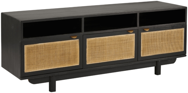 Signature 'CALVI' TV-Schrank Schwarzkiefernholz und natürlichem Rohrgeflecht - L160 cm - Schwarz Bild 3