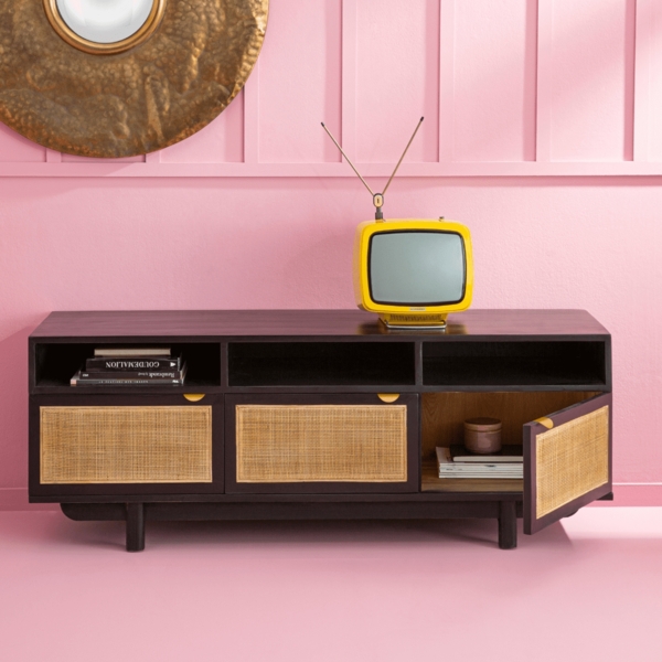 Signature 'CALVI' TV-Schrank Schwarzkiefernholz und natürlichem Rohrgeflecht - L160 cm - Schwarz Bild 5