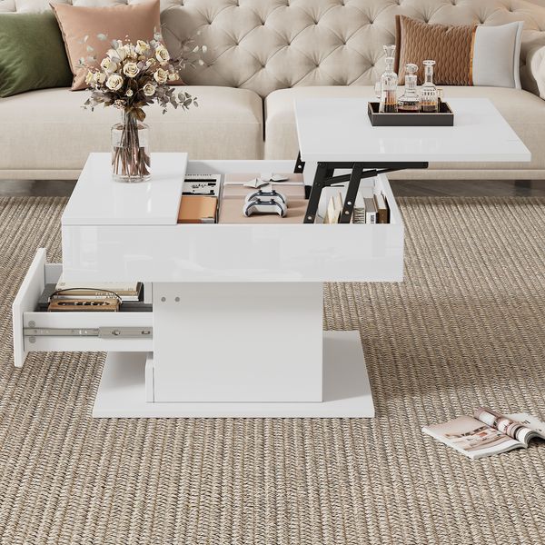 Quadratischer Couchtisch Weiß Hochglanz mit Hebefunktion 360° Drehung Stauraum Schublade Wohnzimmertisch Beistelltisch