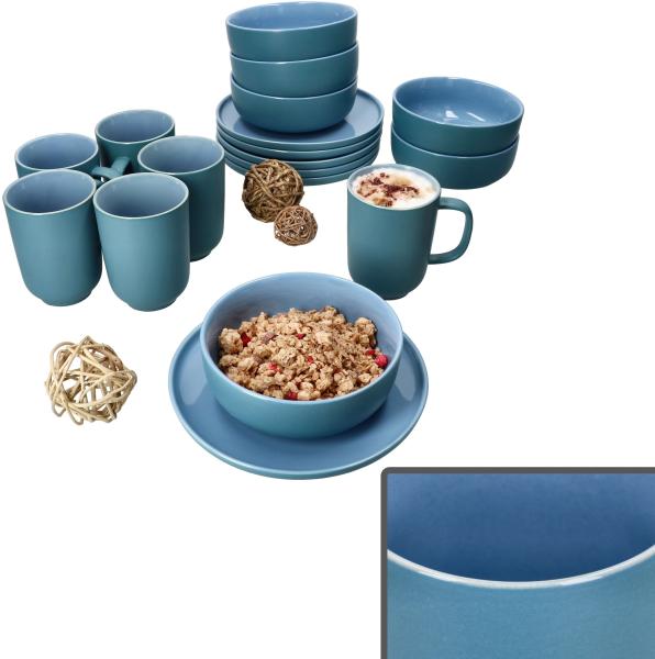 Ritzenhoff Jasper 18tlg Frühstücksset Ozeanblau Steingut Teller Becher Schale