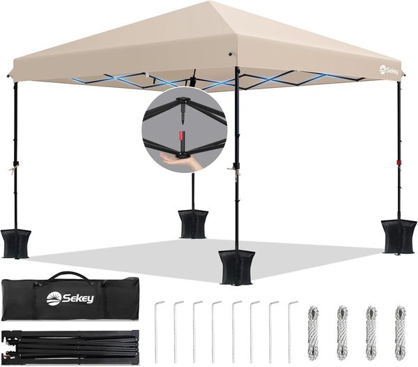 Sekey Premium Pop Up Pavillon 3x3 Wasserdicht Stabil, 3 x 3 m Pavillon mit Seitenwänden, Faltpavillon Partyzelt Faltbar für Camping Party, Höhe Verstellbar 250-270cm, (Khaki, Ohne Seitenwände)