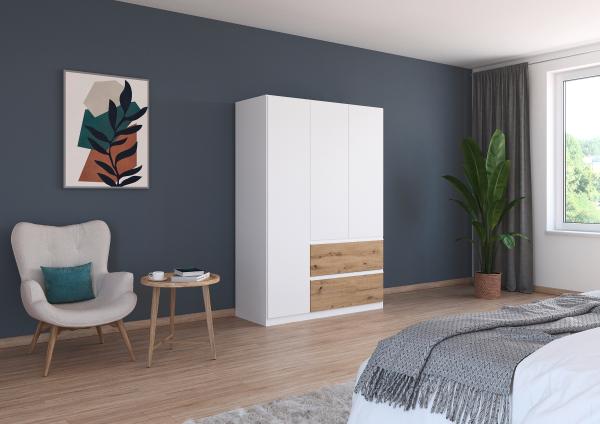 rauch Kleiderschrank, Drehtürenschrank COSTA, 3-türig, 2 Schubkästen, push-to-open, Alpinweiß, 136 x 197 x 54 cm