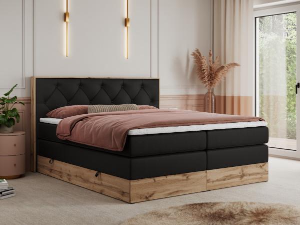 Boxspringbett VENETO KING, Doppelbett mit Multipocket-Matratze, Polsterbett mit Kopfstütze - 160 x 200 cm - Schwarz Kunstleder - H4