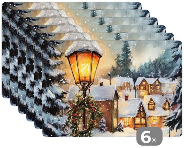 MuchoWow Platzset Weihnachtsdorf - Häuser - Schnee - Weihnachten, (6-St), Platzsets, Tischset, Abwaschbar, Tischsets, Platzdeckchen Bild 1