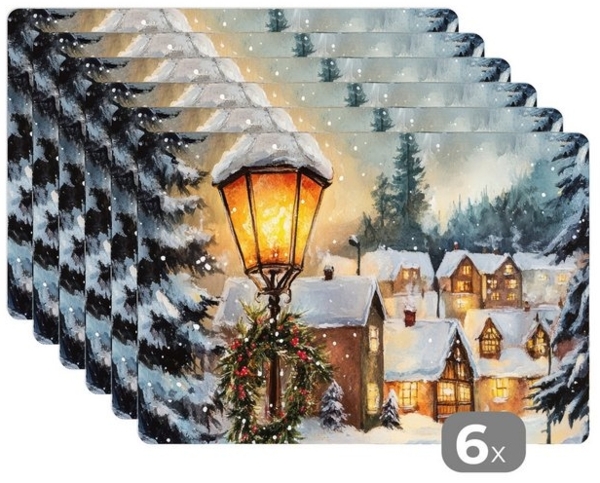 MuchoWow Platzset Weihnachtsdorf - Häuser - Schnee - Weihnachten, (6-St), Platzsets, Tischset, Abwaschbar, Tischsets, Platzdeckchen Bild 4