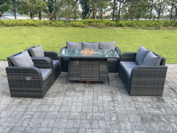 Fimous Dunkelgrau Gemischt Rattan Outdoor Gartenmöbel Gas Feuerstelle Brenner Tisch Sets Lounge Love Sofa Liegestühle 7 Sitzer