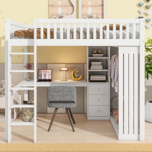 Bett 140x200 cm mit Schreibtisch und Kleiderschrank – Hochbett mit Stauraum in Weiß