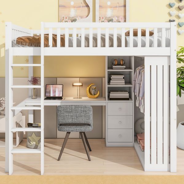 Bett 140x200 cm mit Schreibtisch und Kleiderschrank – Hochbett mit Stauraum in Weiß