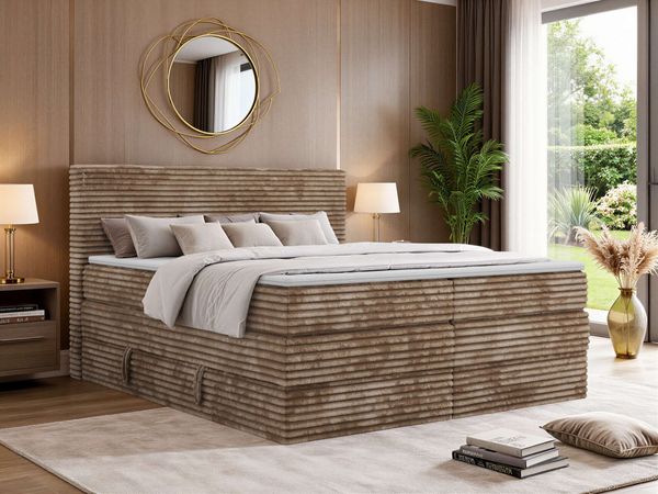 Boxspringbett TILION KING, Doppelbett 160 x 200 cm mit Stauraum & 7-Zonen Multipocket Matratze, inkl. Topper T25 - H3, Cord-Stoff Braun