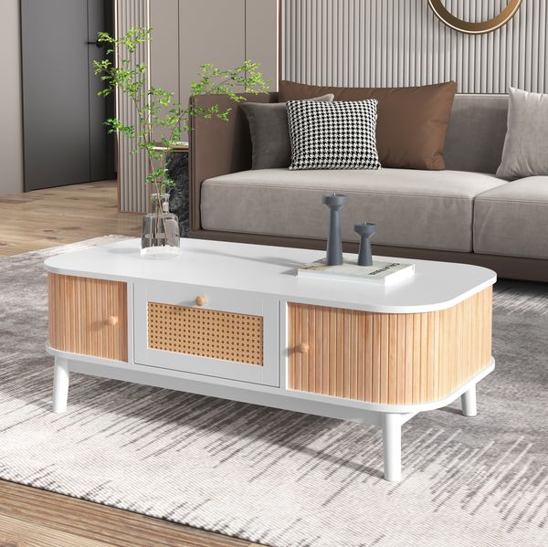 Kaffee-Tisch mit Rattan & Massivholztüren im Landhausstil - 110x55x38,5 cm