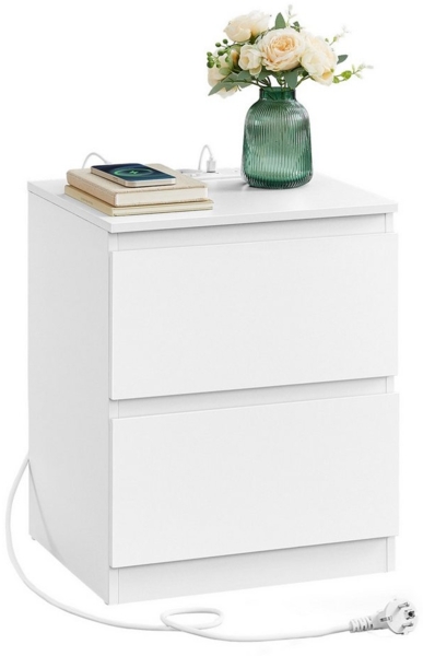 VASAGLE Nachttisch mit Steckdosenleiste, Beistelltisch, 2 Schubladen, MDF Wolkenweiß, 35 x 40 x 49 cm