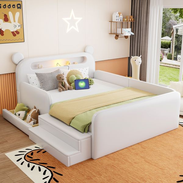 Merax Doppelbett, Kinderbett 140 x 200 cm, Jugendbett, Polsterbett mit Bären-Kopfteil, Nachtlicht, USB-Ladeanschluss, integriertem Stauraum und Stufensitz, Kunstlederbezug, Weiß