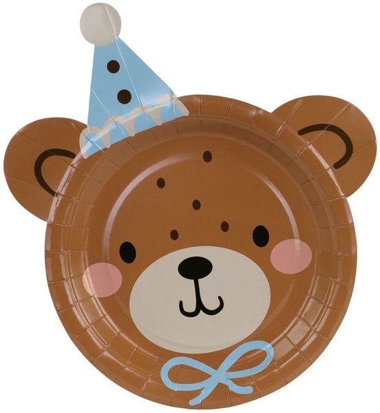 partydeco Teller, Pappteller 21x23 cm Bär 6er Set Braun / Blau