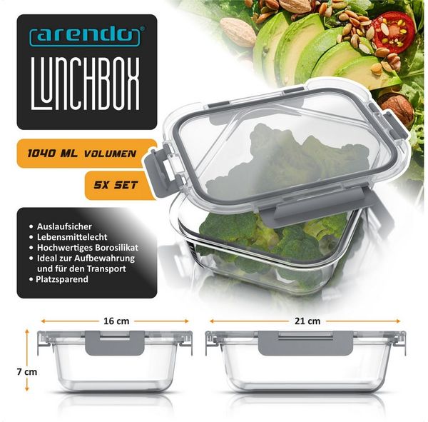Arendo Frischhaltedose 5x Vorratsdosen Rechteckig 1040 ml für Meal Prep / Lebensmittel, Borosilikatglas, (Set, 5-tlg, 5er Set Glas-Frischhaltedosen mit Deckel), Mikrowellen-, Ofen-, Gefrier- & spülmaschinengeeignet, luftdicht