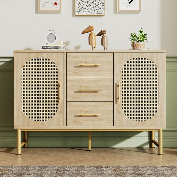 Celya Sideboard Rattan kommode Sideboard mit 3-Schubladen und 2-Rattan-Türer (Kippschutz, 120 x 40 x 74 cm, Sonoma Eiche), komodenschrank, Schminktisch, Verstellbare Regale