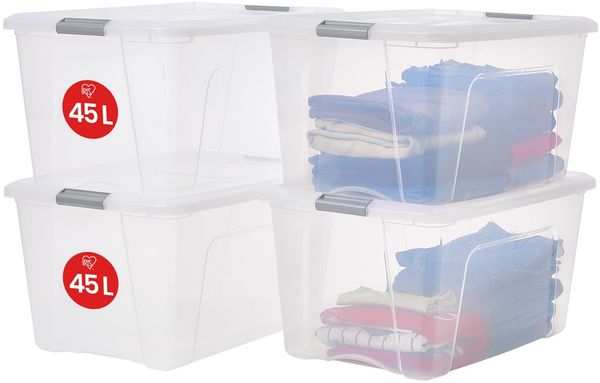 Iris Ohyama Aufbewahrungsboxen mit Deckel, 45L, 4er-Set, Silber, Sicherer Verschluss, Stapelbar, Griffe, Schlafzimmer, Schrank, Büro, Organisation, BPA-freies Plastik, Ordnungsboxen, NTB-45