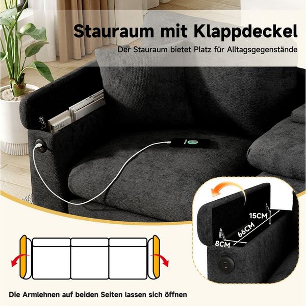 i@home 3-Sitzer multifunktionales Sofa, Beige/Grau, 242*80*88cm, Stoffsofa mit Kissen, Klapptisch und USB-Anschluss, Getränkehalter