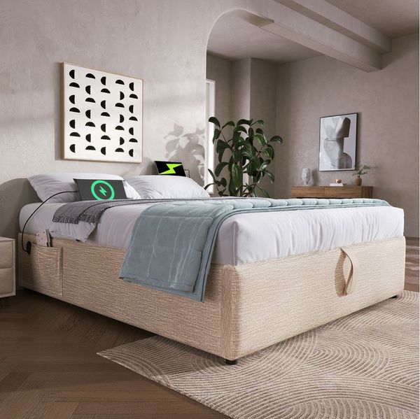 BlingBin Einzelbett Polsterbett (1-tlg, Struraumbett Bettgestell mit USB- C und Vollflächiger Lattenrost), 160×200 cm, Ohne Kopfteil, Leinen