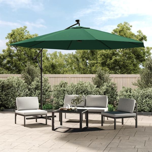 Sonnenschirm, Ampelschirm, Gartenschirm mit LED-Beleuchtung und Metall-Mast 350 cm Grün