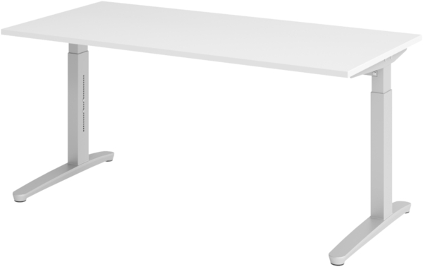 bümö manuell höhenverstellbarer Schreibtisch 160x80 in weiß, Gestell in silber - PC Tisch höhenverstellbar & groß, höhenverstellbarer Tisch Büro, großer Computertisch verstellbar, X16-W-SS