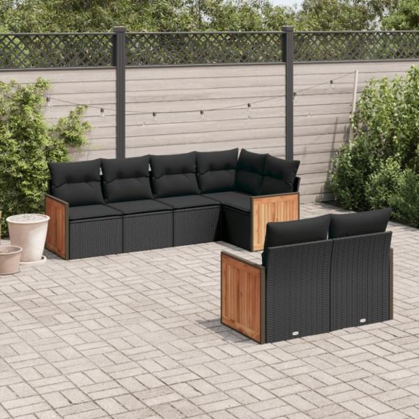vidaXL 7-tlg. Garten-Sofagarnitur mit Kissen Schwarz Poly Rattan 3227819
