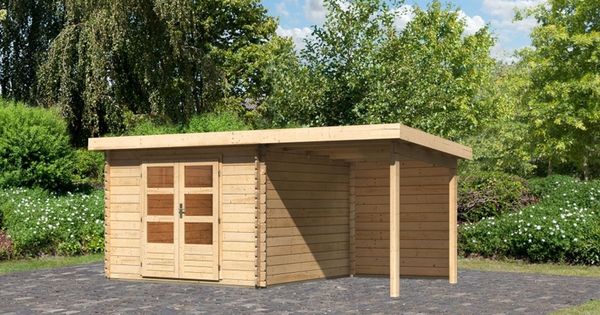 Gartenhaus Bastrup 5 - 480x297 cm mit Anbaudach 2,00 m mit Rückwand, 28 mm Holz naturbelassen, Karibu
