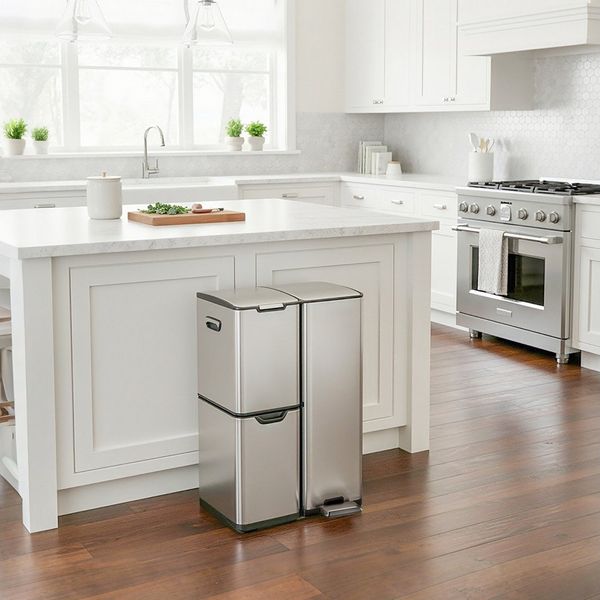 TLGREEN Mülltrennsystem 60L Edelstahl Abfallsammler mit 3 Fächern,Pedal- und Handbedienung, Soft-Close Deckel, Anti-Fingerabdruck, für Küche & Wohnzimmer