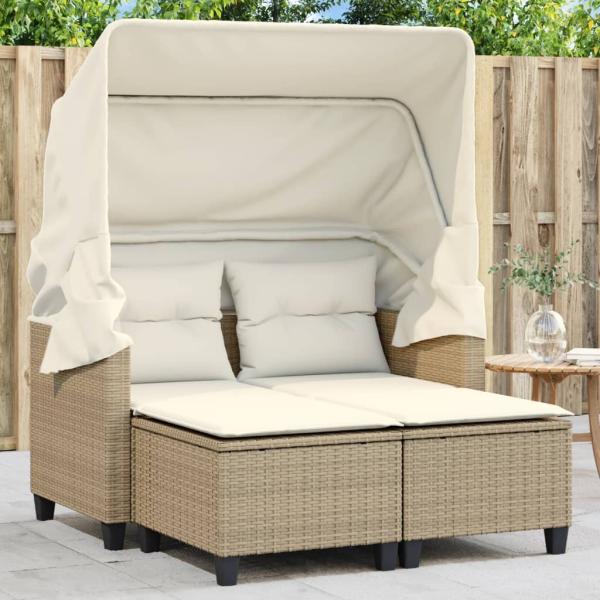 vidaXL Gartensofa 2-Sitzer mit Dach und Hockern Beige Poly Rattan 365784