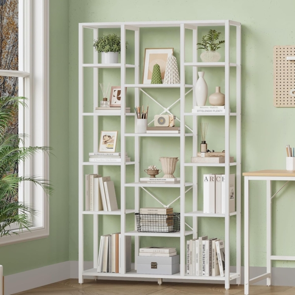 Bücherregal, Standregal mit 6 Ebenen 15 Ablagen, Verstellbare offene Ablagen, für Wohnzimmer, Büro, Schlafzimmer, 30 x 100 x 170cm, Weiß