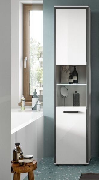 welltime Hochschrank KAJO, hochglanz Front, inkl. Beleuchtung, Glastür, 6 Fächer (2-St) Badschrank, Hochschrank, Bad, Badezimmer