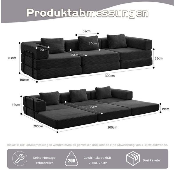 Leawin Sofa Sofas Wohnzimmer, 3-Sitzer Sofa mit Bettfunktion aus Cord, Modulares Schlafsofa, flexibel und bequem mit Kissen