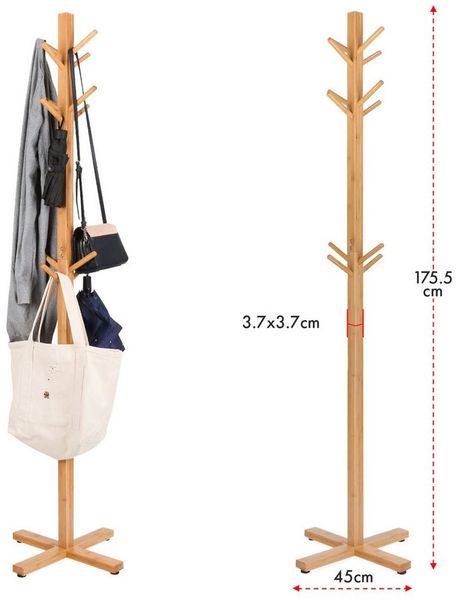 Floordirekt Garderobenständer aus Bambus Oregon, Platzsparende Design, 12 Haken – Ausreichend Platz für Jacken, Taschen und Hüte