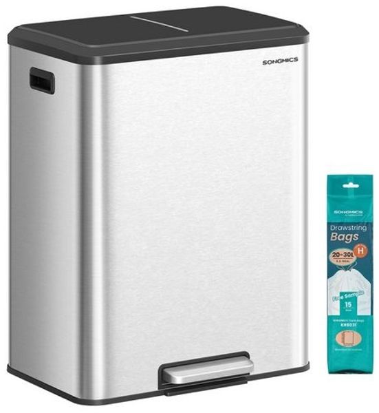 SONGMICS Mülleimer Küche, Mülltrennsystem 2 x 30 L, 2 Fächer für Recycling und Restmüll, Abfalleimer, Inneneimer, Edelstahl, Softclose-Deckel, breites robustes Peda