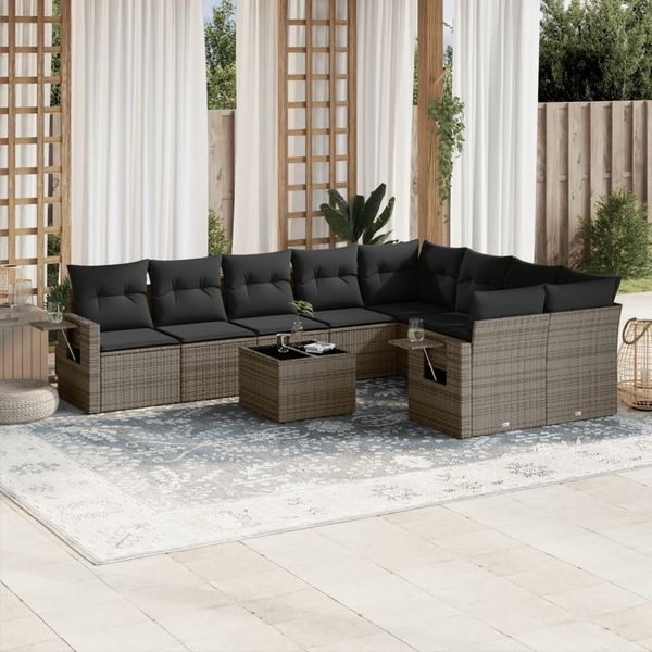 vidaXL 10-tlg. Garten-Sofagarnitur mit Kissen Grau Poly Rattan 3220649