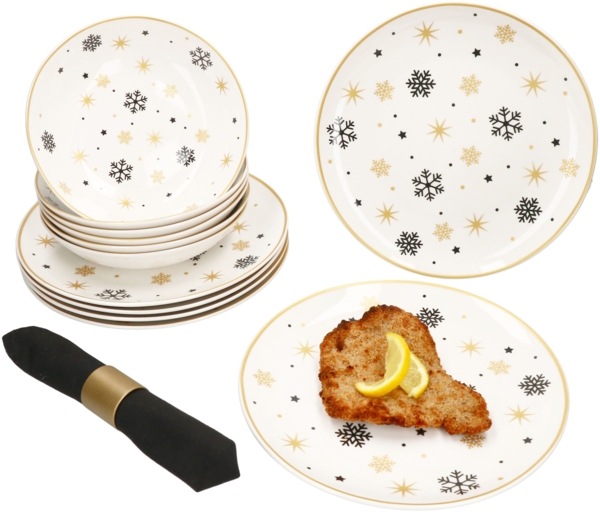 12tlg Tafelservice Stars schwarz gold 6 Personen Essteller Suppenteller Weihnachten