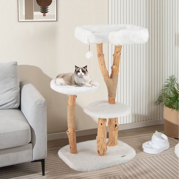 COSTWAY Kratzbaum, mit Plüschsitzfläche & 2 Plattformen & Spielball, Massivholz