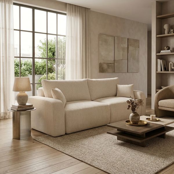 Wohnero24 Habana Schlafsofa 248 cm mit Bettfunktion 204x138 cm – Cord Sofa – Couch 3 Sitzer – Ausziehsofa mit 2 Bettkästen – Big Sofa Modern – Schlafcouch Creme