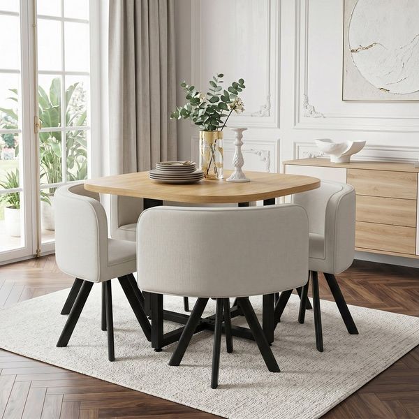 Flieks Essgruppe Esstisch mit 4 Stühlen, (Set, 5-tlg, Tisch mit 4 Stühlen), quadratisch Küchentisch in Eichenfarbe, Esszimmerstühle Leinen Beige