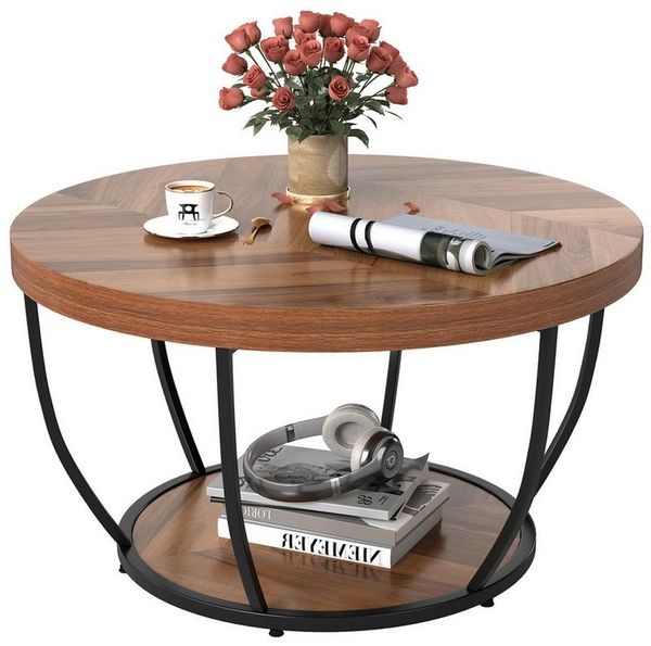 COSTWAY Couchtisch, Couchtisch rund, Sofatisch Holz mit 2 Ebenen & Metallrahmen 80cm