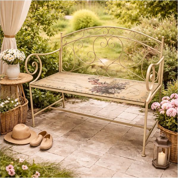 HTI-Living Gartenbank Gartenbank Schmetterling Metall creme mit dekorativer Motiv Sitzfläche (1x Gartenbank Schmetterling aus Metall)